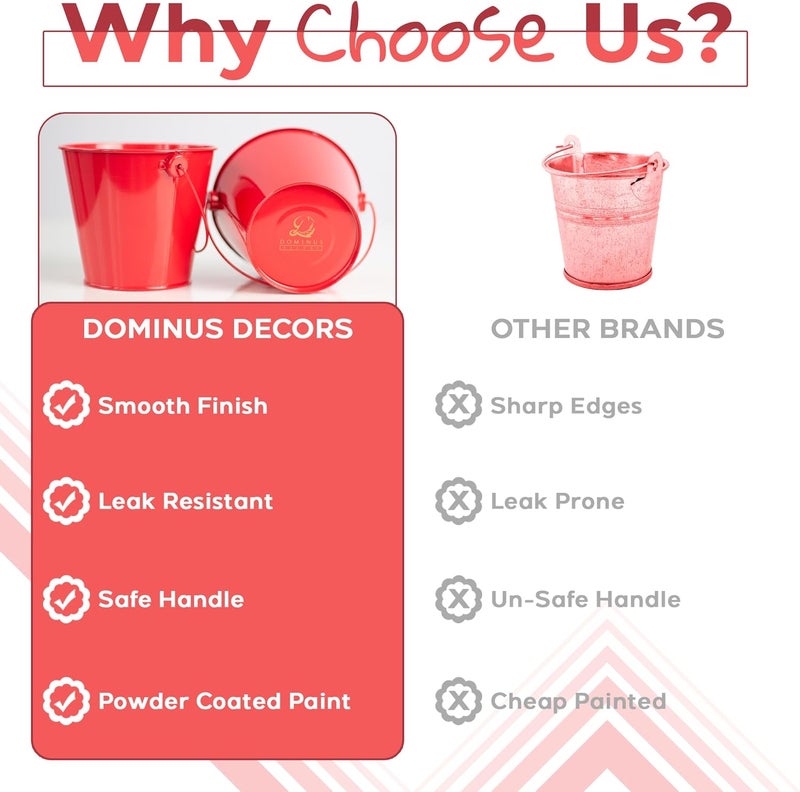 Dominus Decors Small Metal Buckets with Handles - Rust Resistant Leak-Proof Mini Tin Buckets for Classroom, Party Favors, Organization, Weddings, Gardening - Set of 6, Red - Image 3